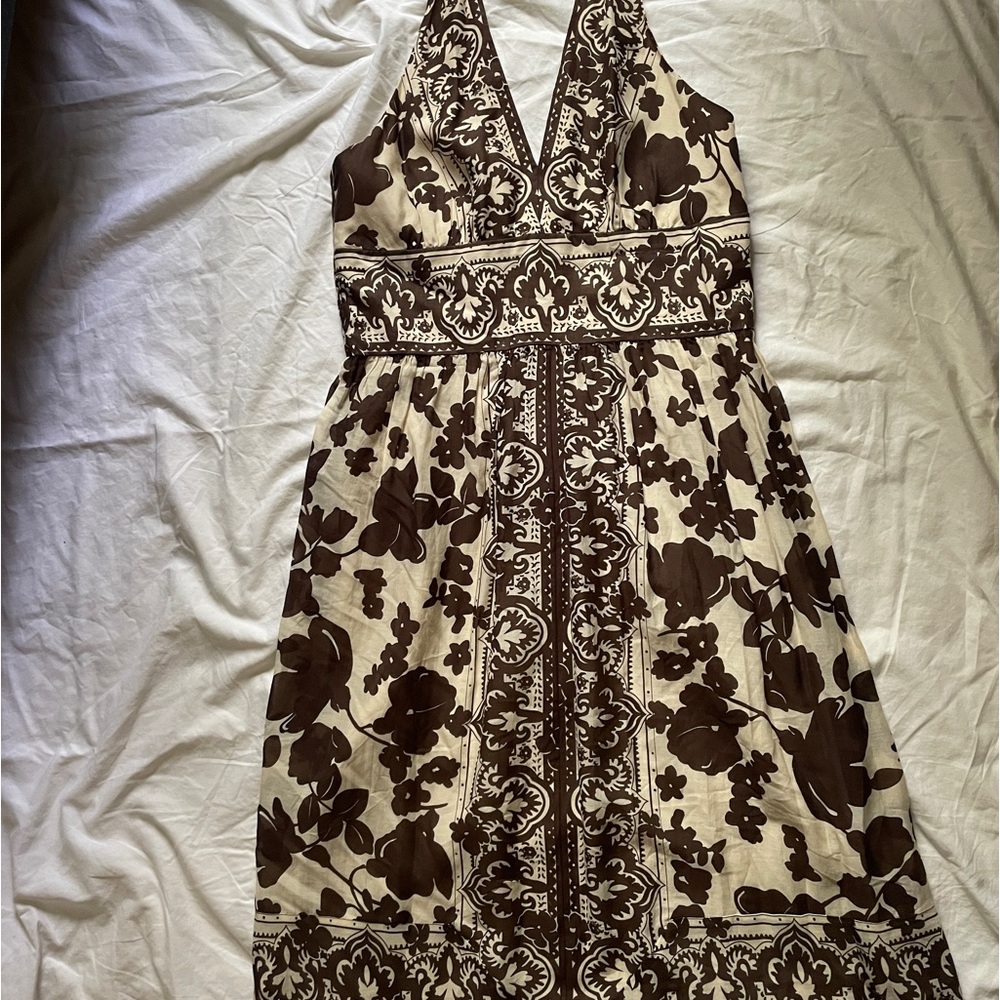Jones NY brown floral halter dress.  Cotton / Silk.  Size 10